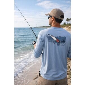 FINTECH Blue Stretch Long Sleeve Fishing T-Shirt Men's Size XL